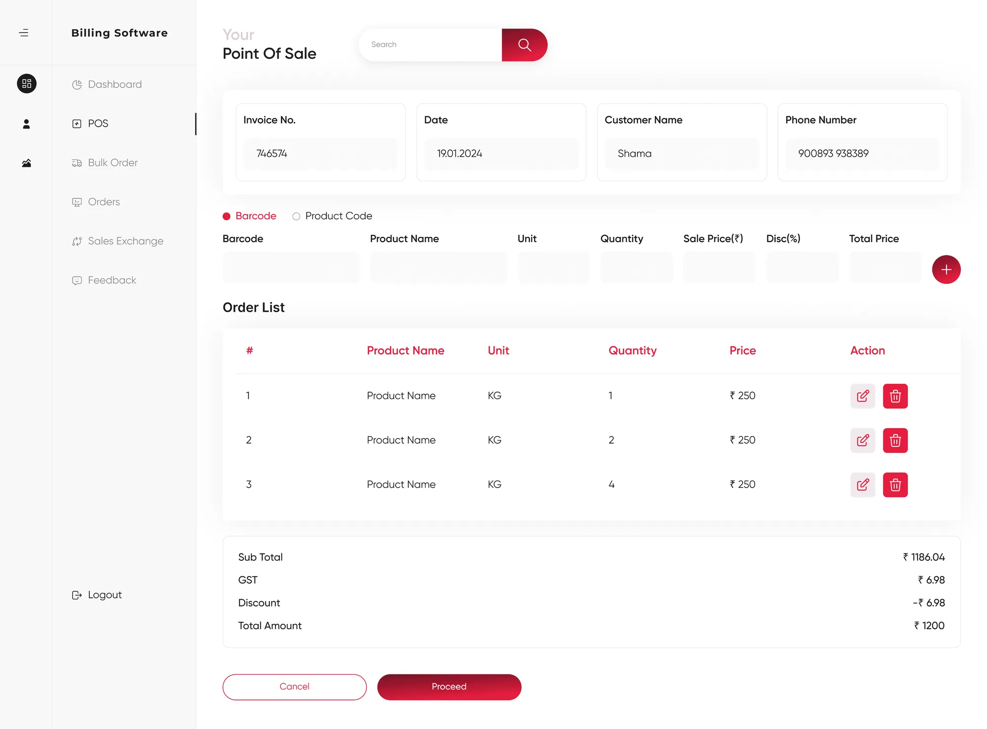 Redesigned point of sale screen with numbered callouts