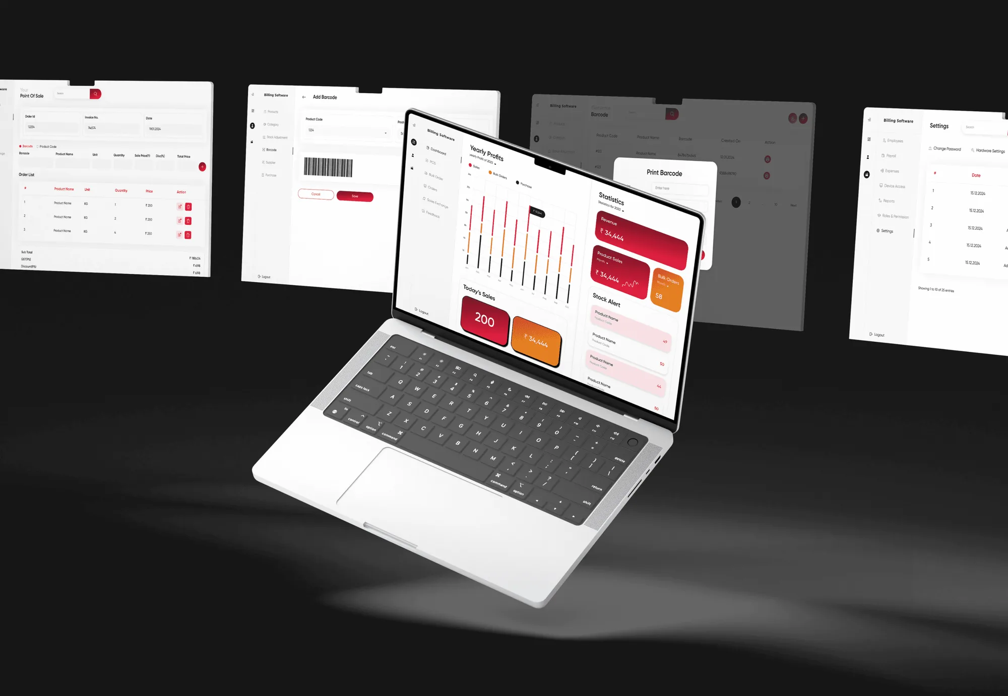 All redesigned billing software screens around a laptop