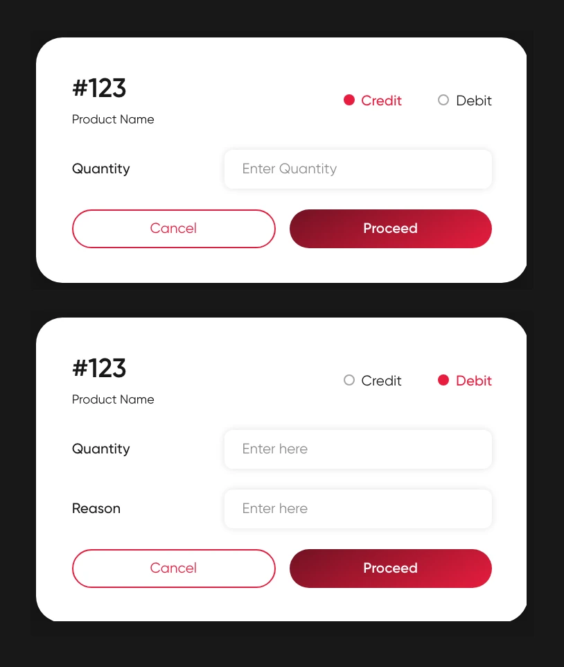 New stock dialogs with credit and debit options, quantity and reason