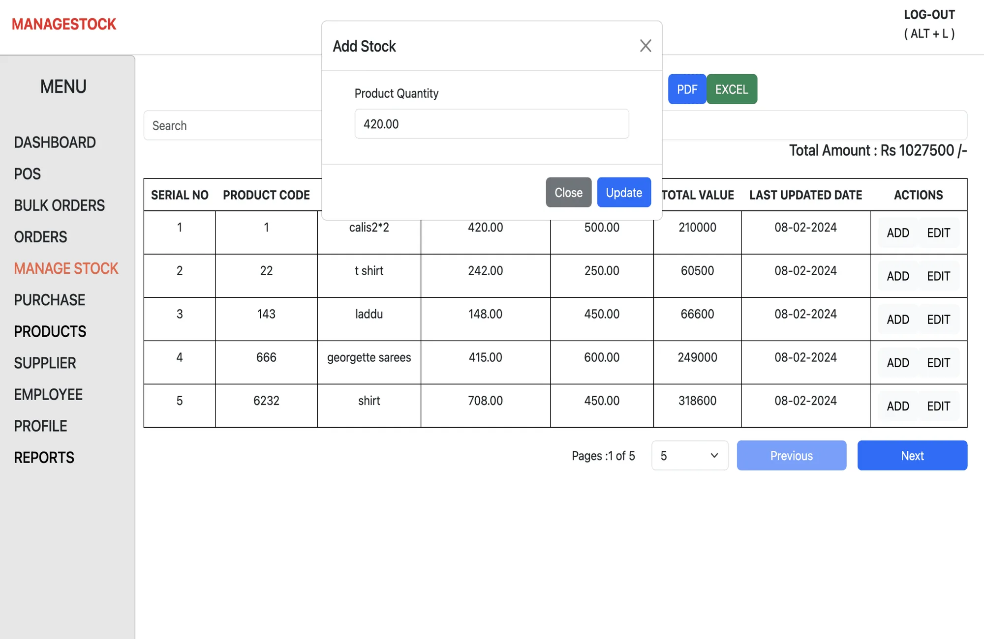 Old manage stock screen with an add stock popup over a table