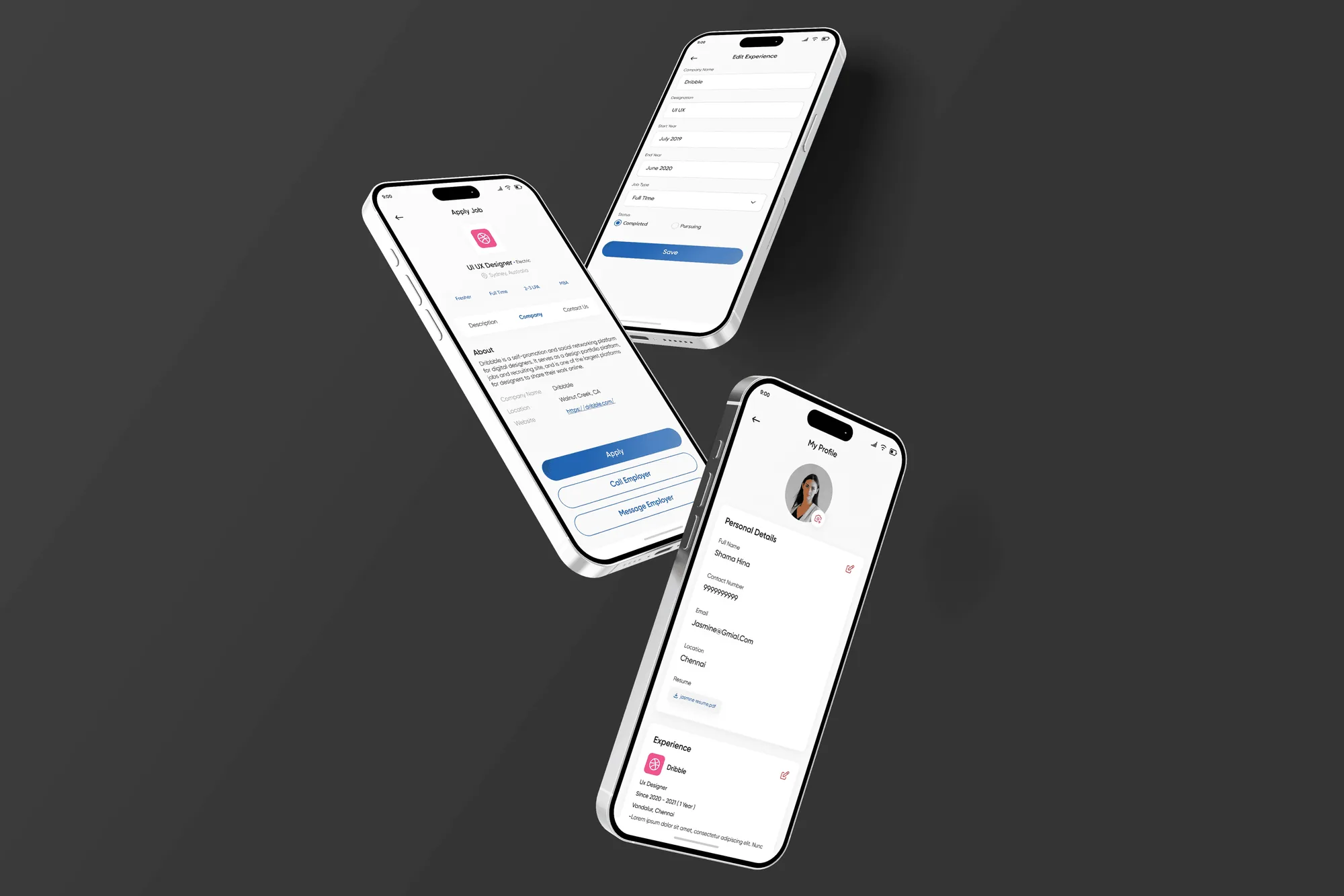 Application and profile screens on three phones