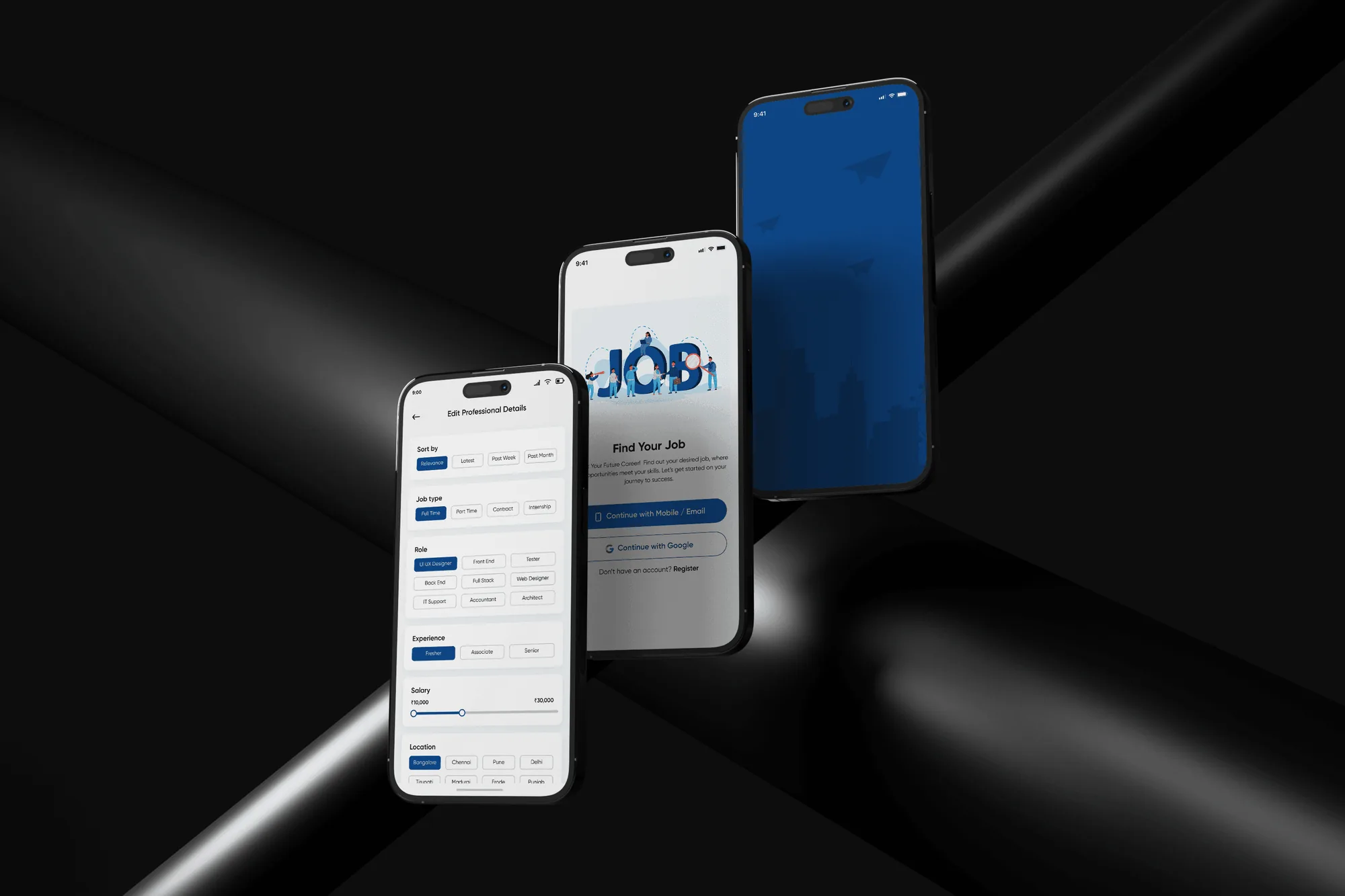 Job search screens on three phones