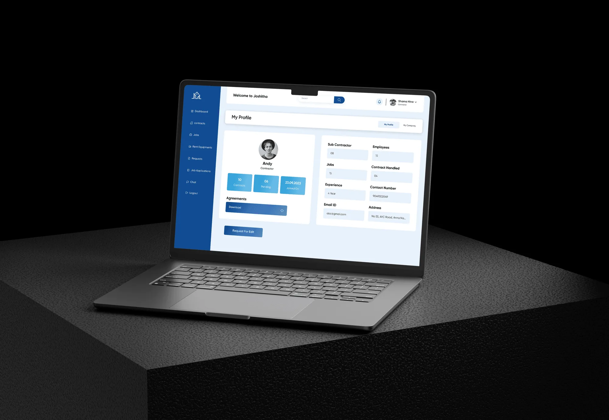 Company profile screen on a laptop