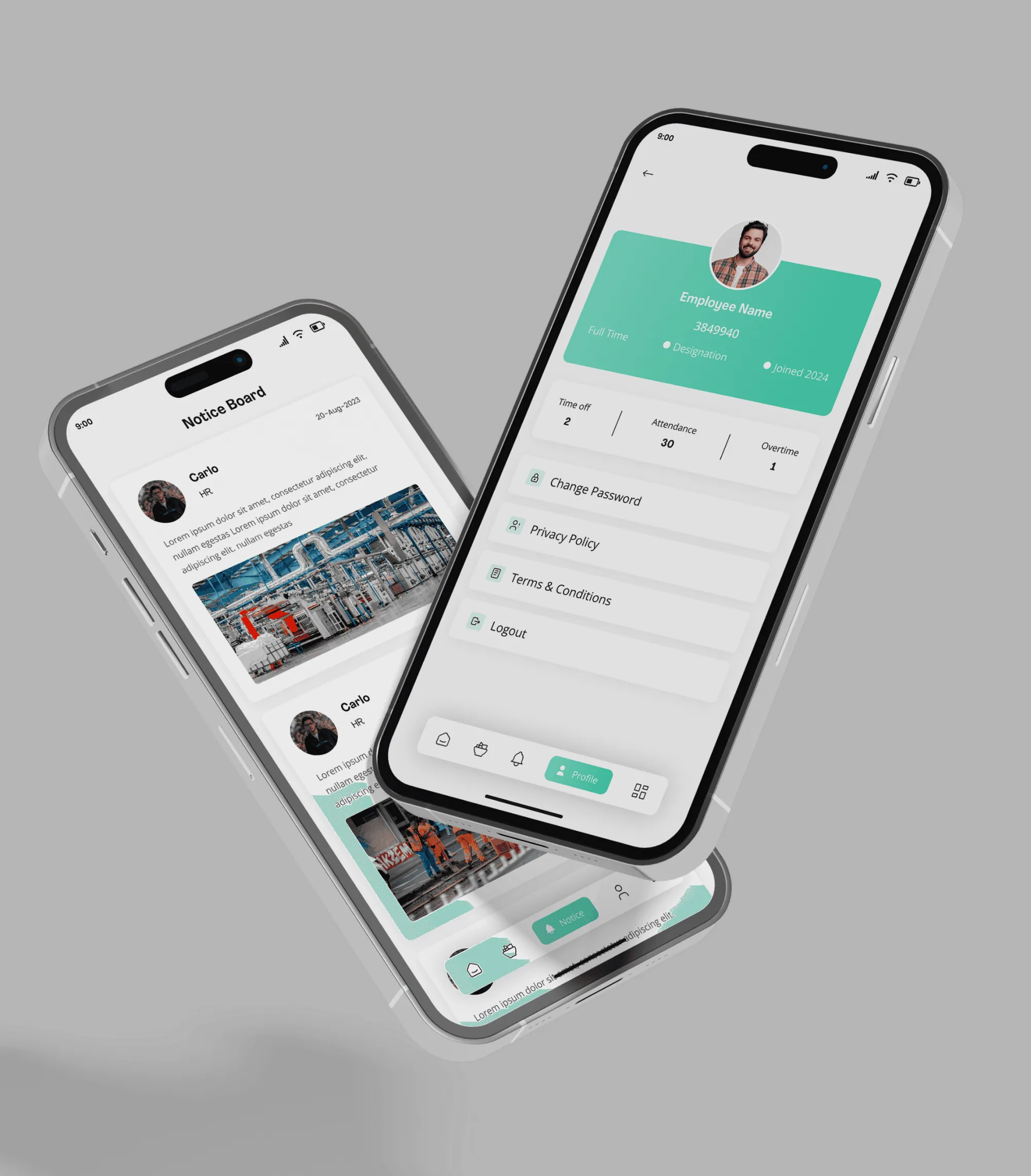 Notice board and employee profile screens on two phones