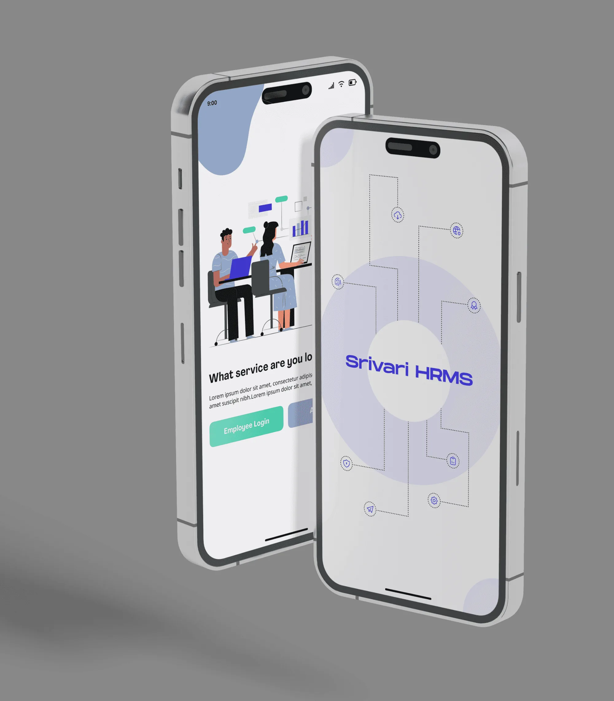 Srivari HRMS splash and login screens on two phones