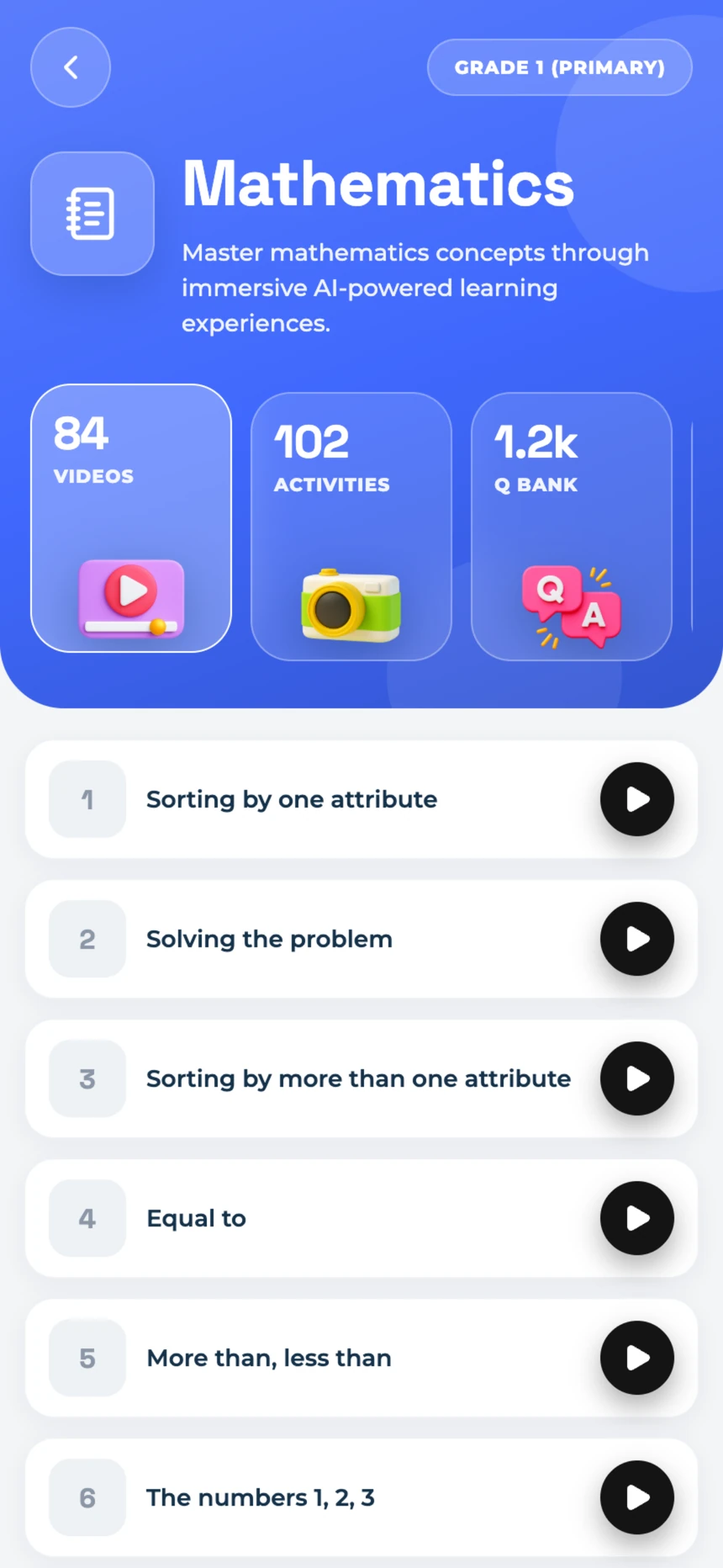 Mathematics subject screen with a lesson list