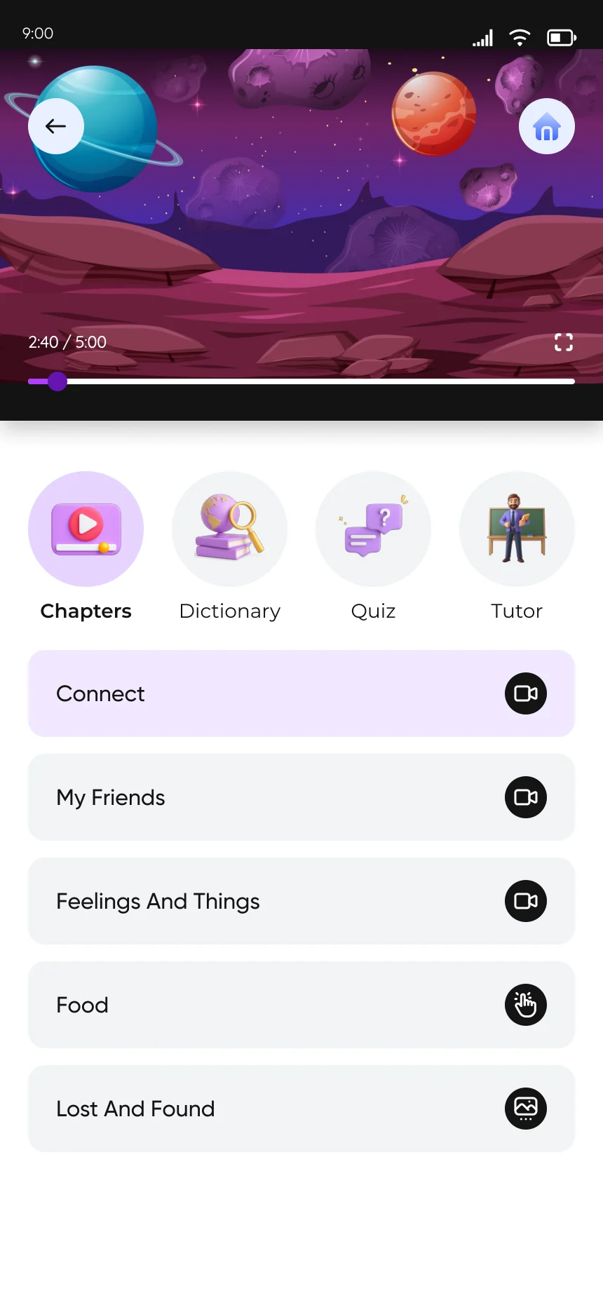 After: A lesson: a list of files became a player with chapters, a dictionary, a quiz and a tutor.
