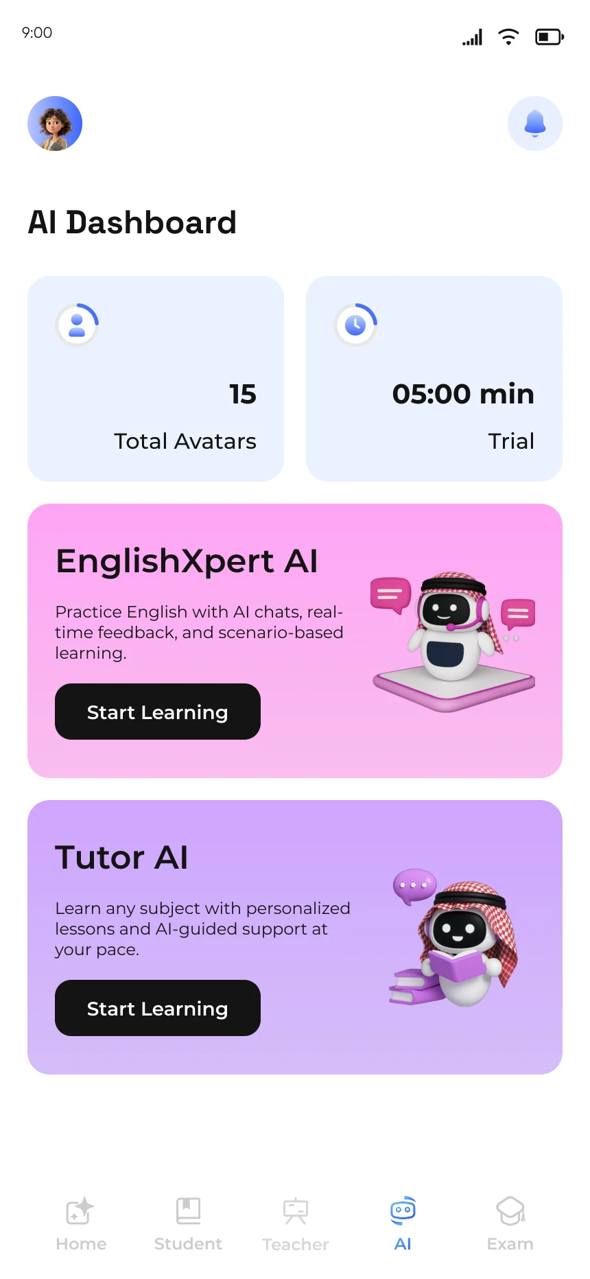 AI dashboard with EnglishXpert AI and Tutor AI
