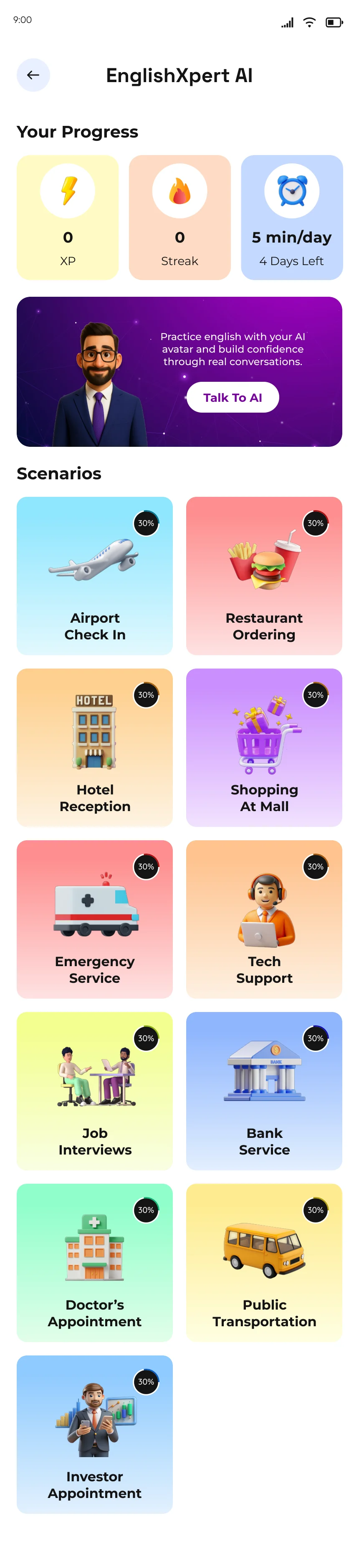 EnglishXpert AI scenarios