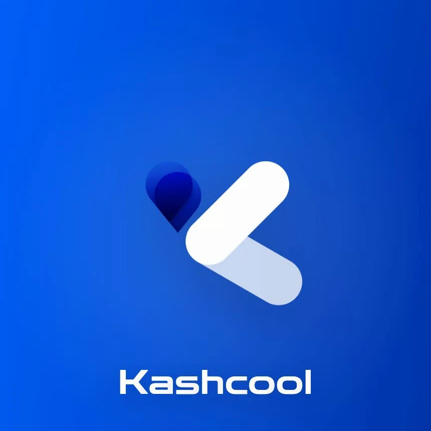 Kashcool logo: a white K mark and wordmark on blue