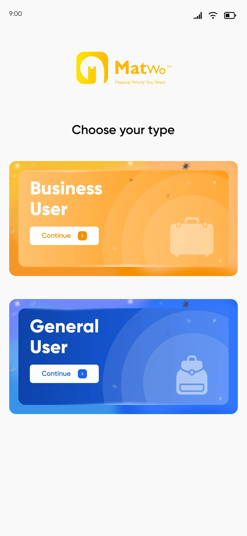 Choose your type screen with Business User and General User cards