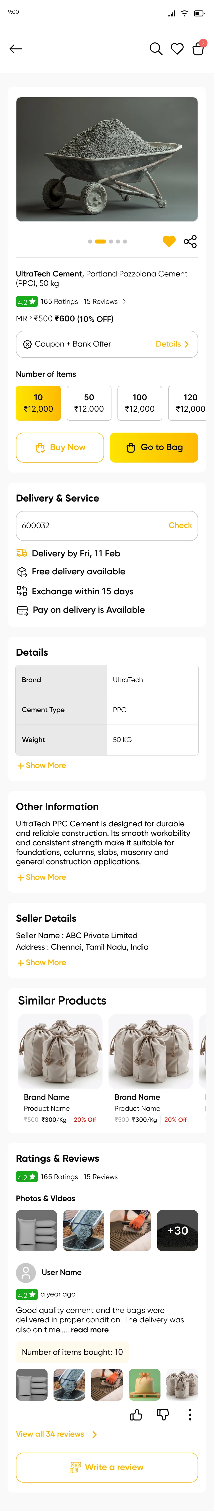 Product page for a 50 kg bag of cement