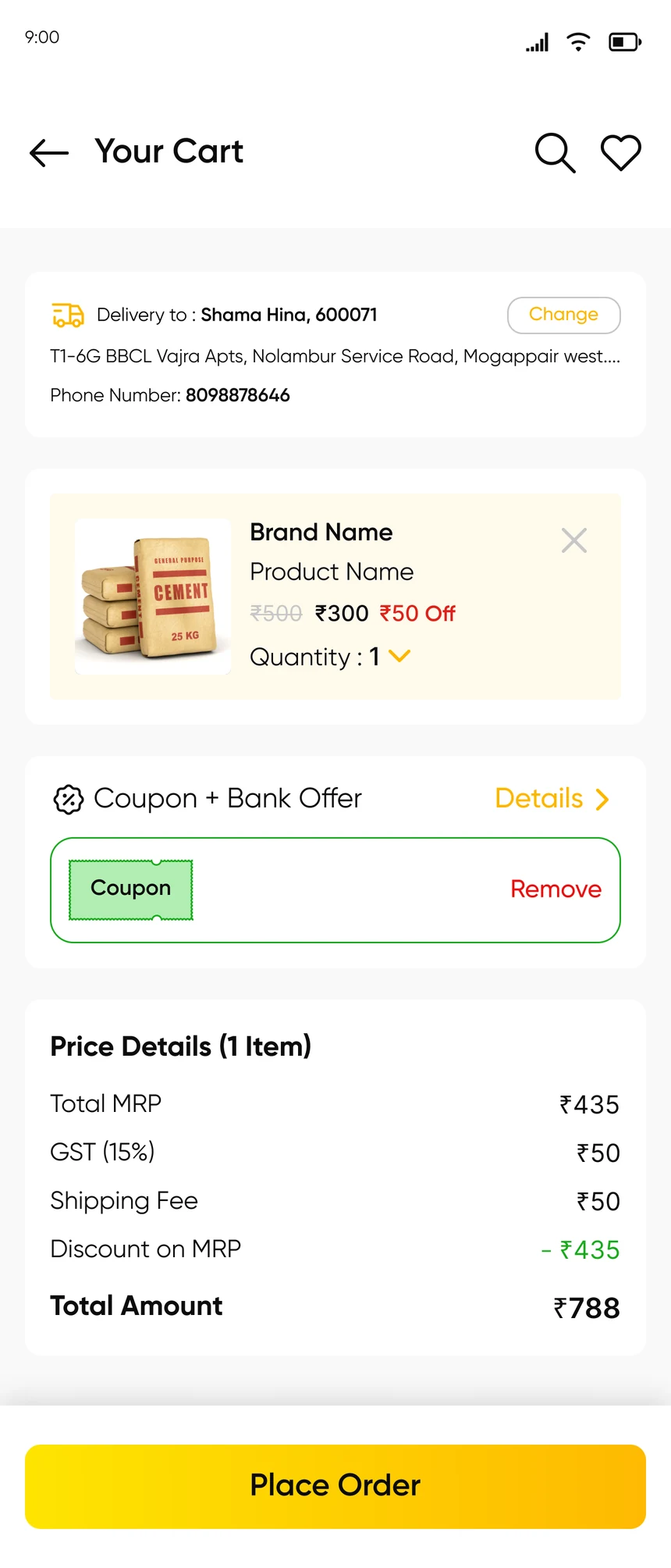 Cart with address, coupon and price details