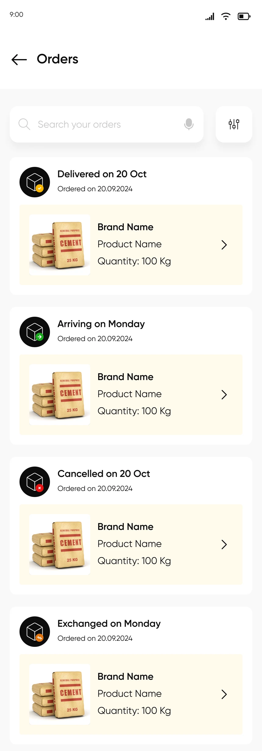 Orders list with delivered, arriving, cancelled and exchanged orders