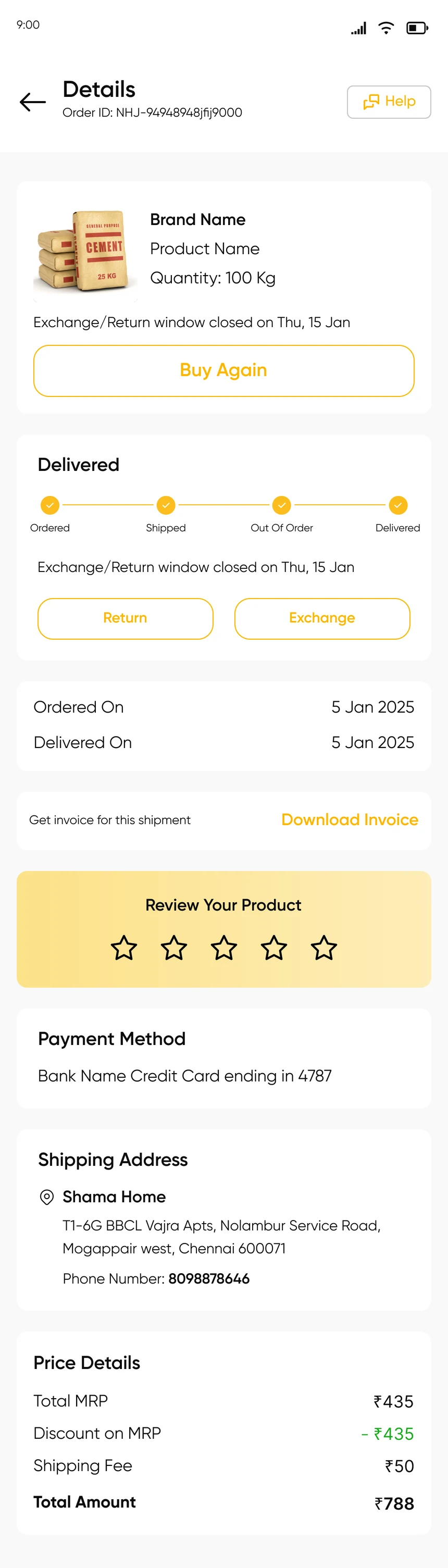 Order details with return, exchange and invoice download