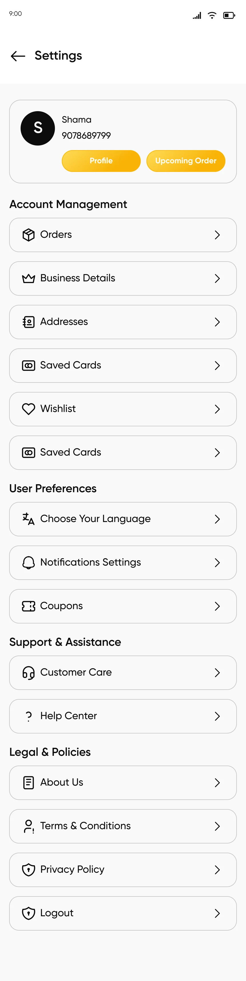 Settings screen with Orders, Business Details, Addresses and Saved Cards