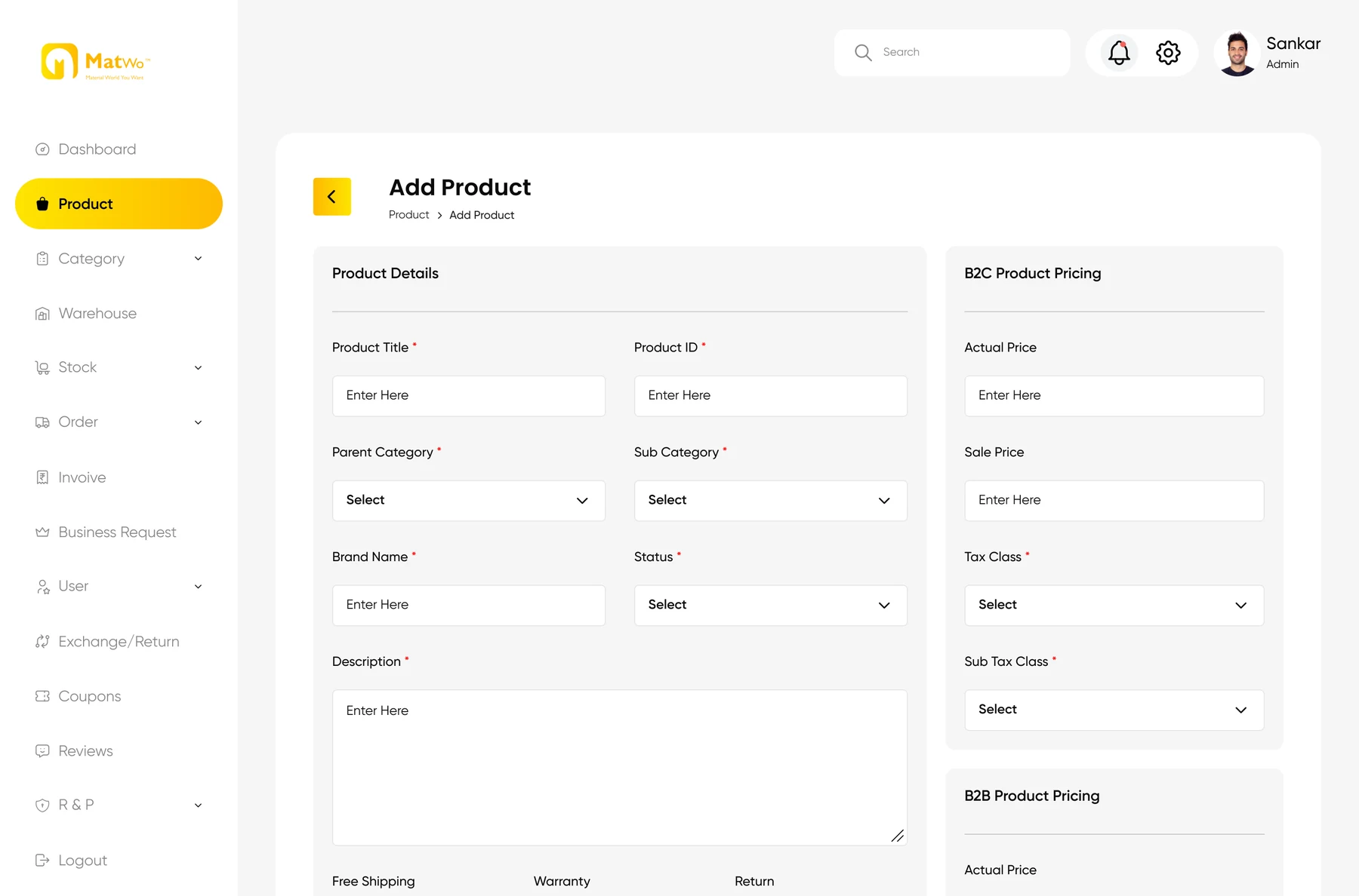Add Product form with B2C pricing and B2B pricing
