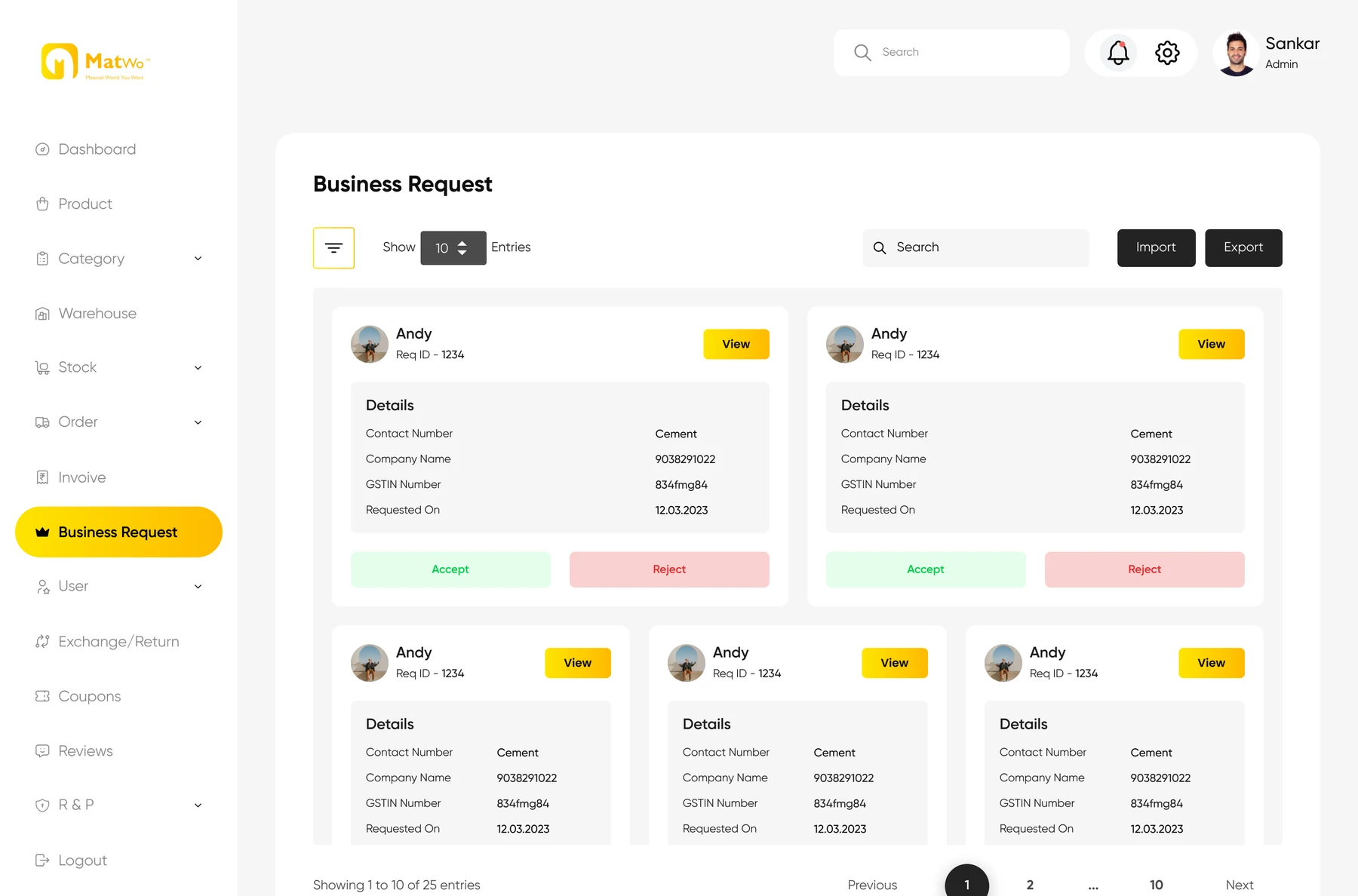 Business Request screen with GSTIN details and Accept and Reject buttons