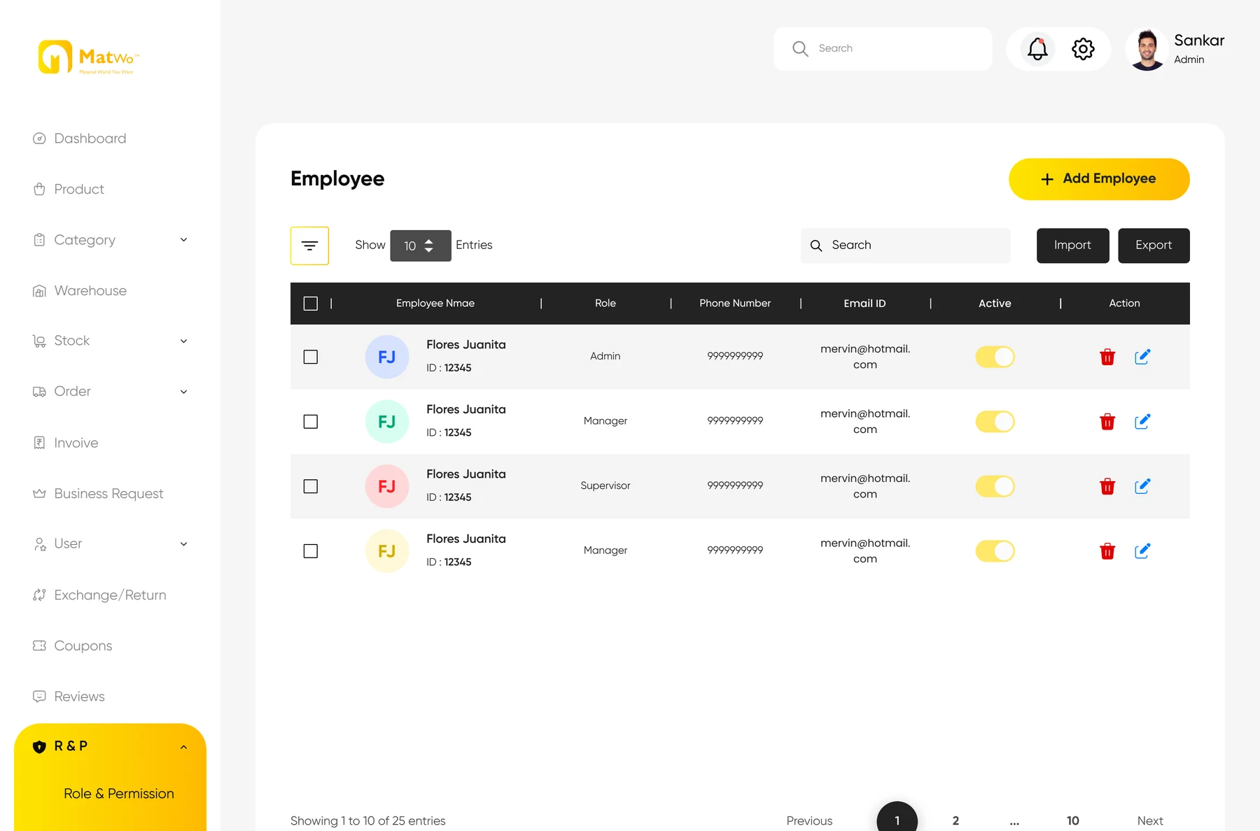 Employee table with roles and active toggles