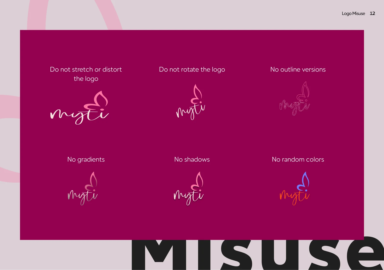 Guidelines page: six ways not to use the logo