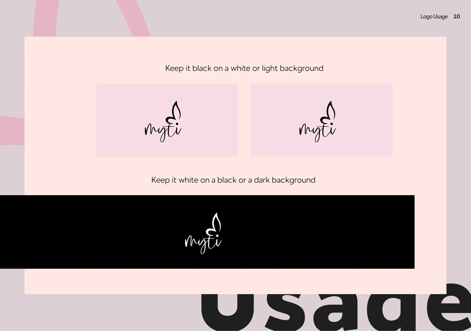 Guidelines page: logo usage on light and dark backgrounds