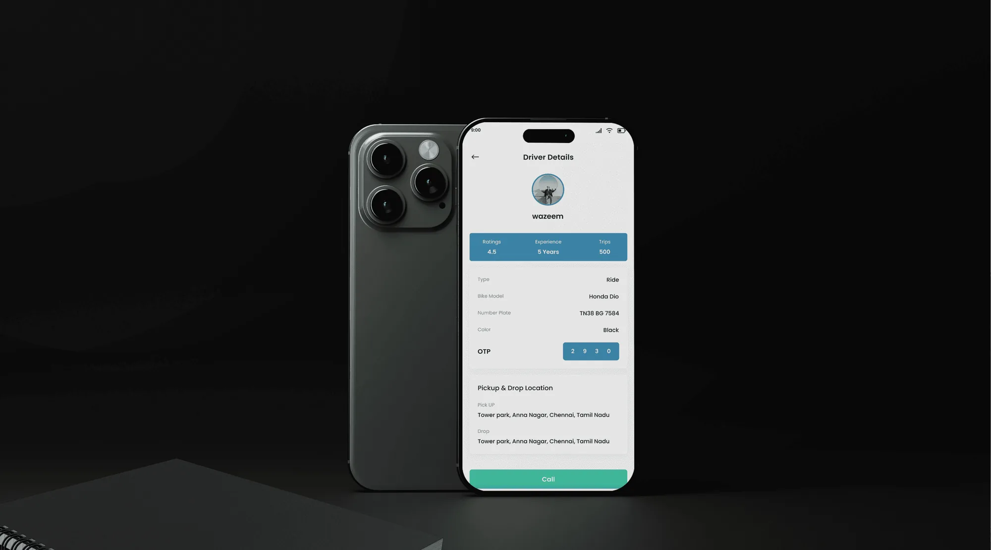 Driver details screen on a phone
