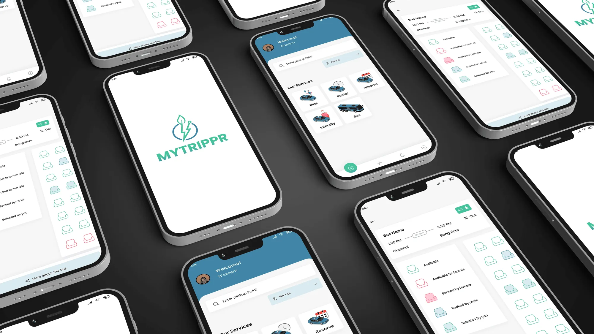 Grid of MyTrippr app screens