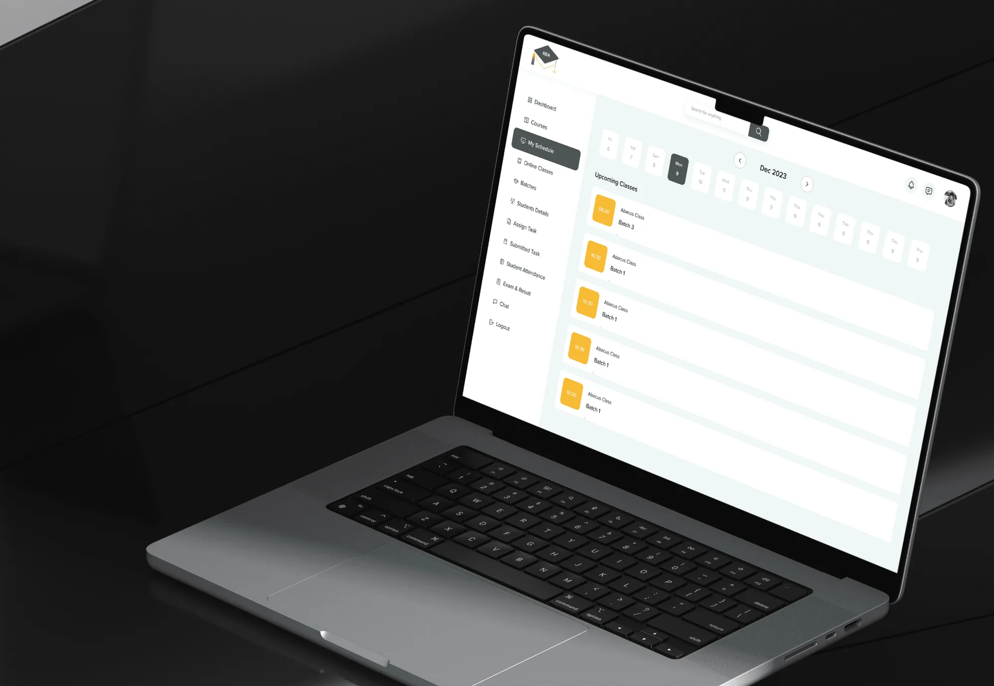 Class schedule screen on a laptop